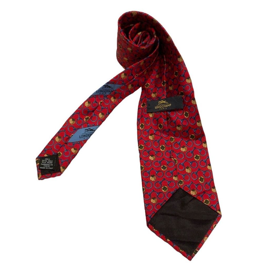 LONGCHAMP Red Fruit Equestrian Silk Tie ITALY 57"/ 3.7" EC